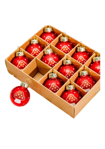 Bring a whimsical woodland feel to your Christmas tree with this set of 12 mini mushroom baubles. Their compact size makes them ideal for filling gaps between larger decorations and creating a colourful playful festive display.